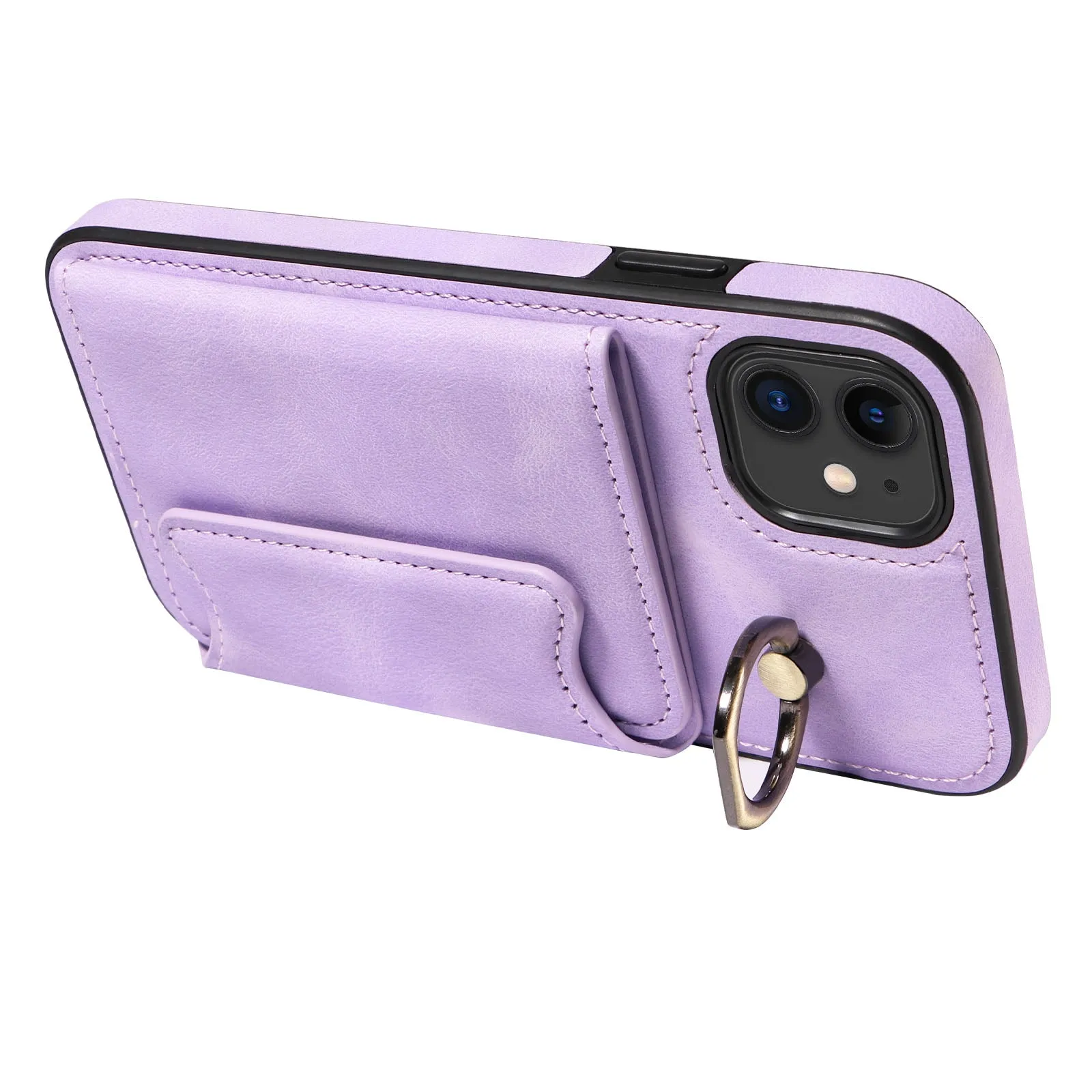 001 For iPhone 11 PU Leather TPU Card Holder Cover Ring Kickstand Shockproof Phone Case