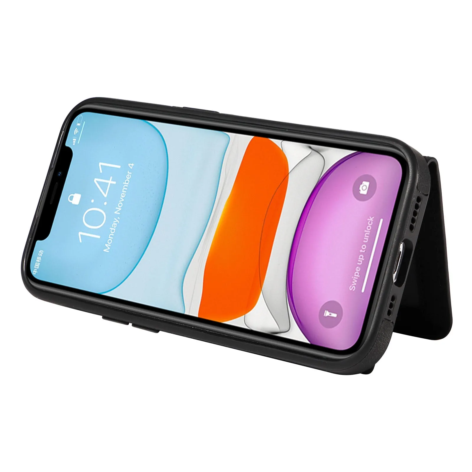 001 For iPhone 11 PU Leather TPU Card Holder Cover Ring Kickstand Shockproof Phone Case