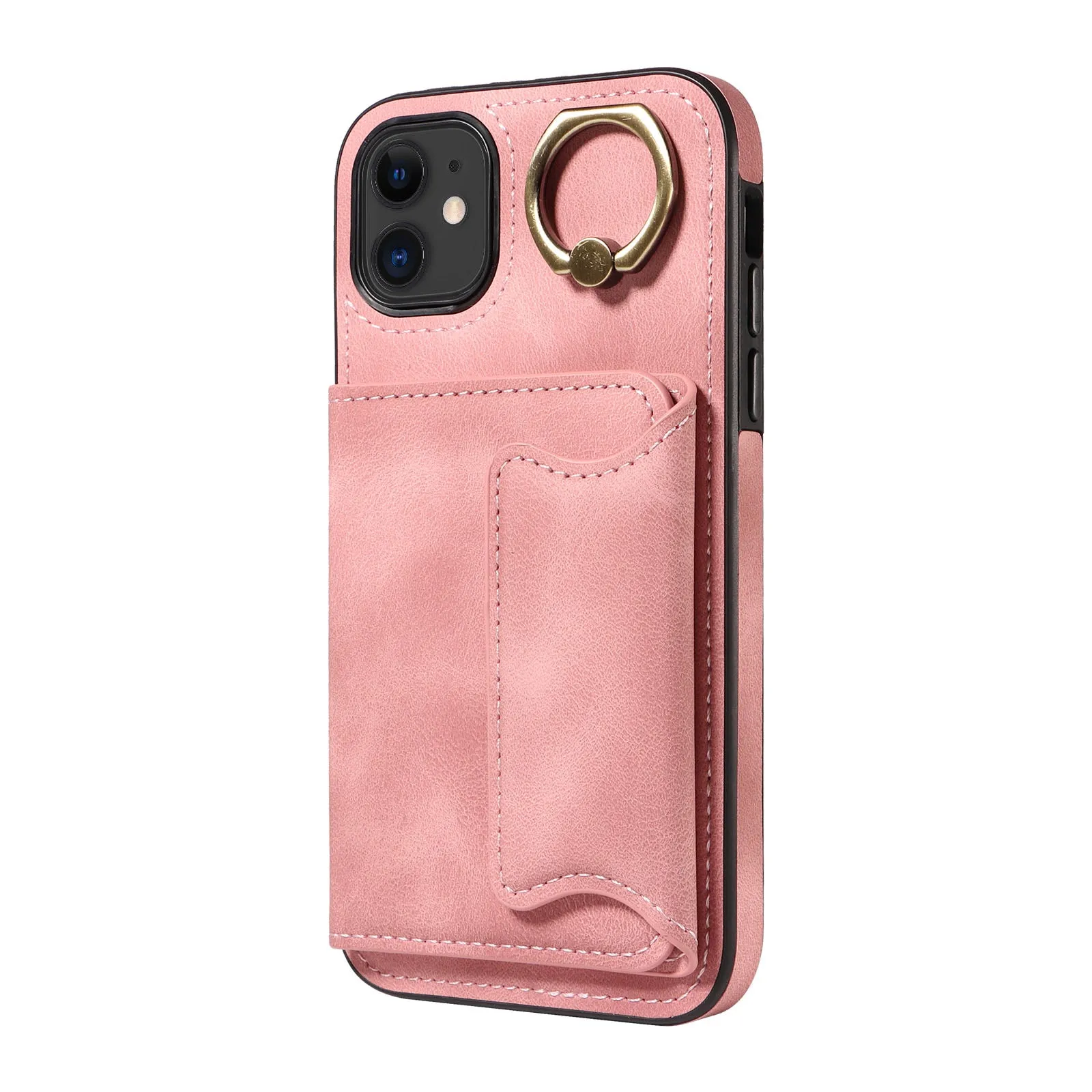 001 For iPhone 11 PU Leather TPU Card Holder Cover Ring Kickstand Shockproof Phone Case