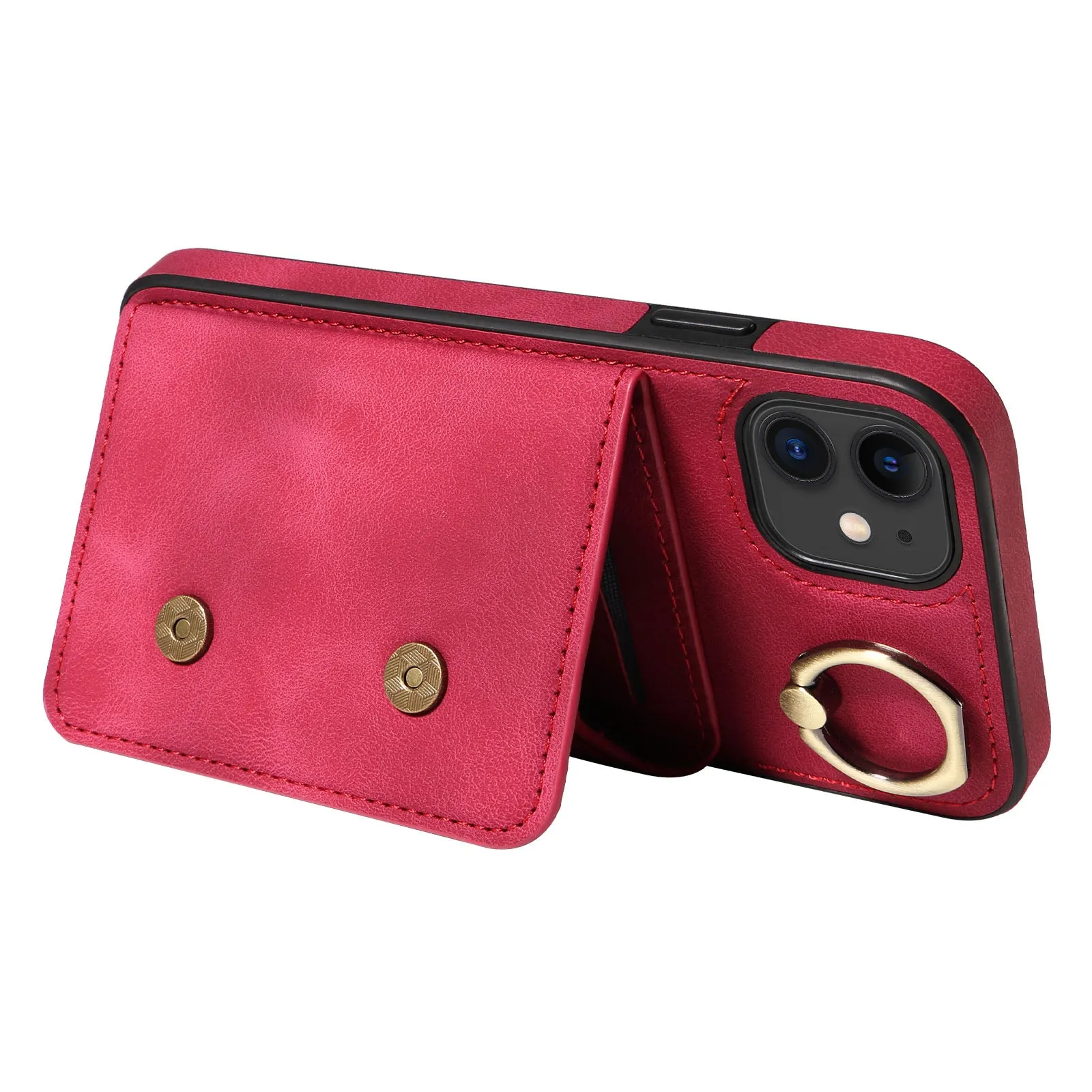 001 For iPhone 11 PU Leather TPU Card Holder Cover Ring Kickstand Shockproof Phone Case