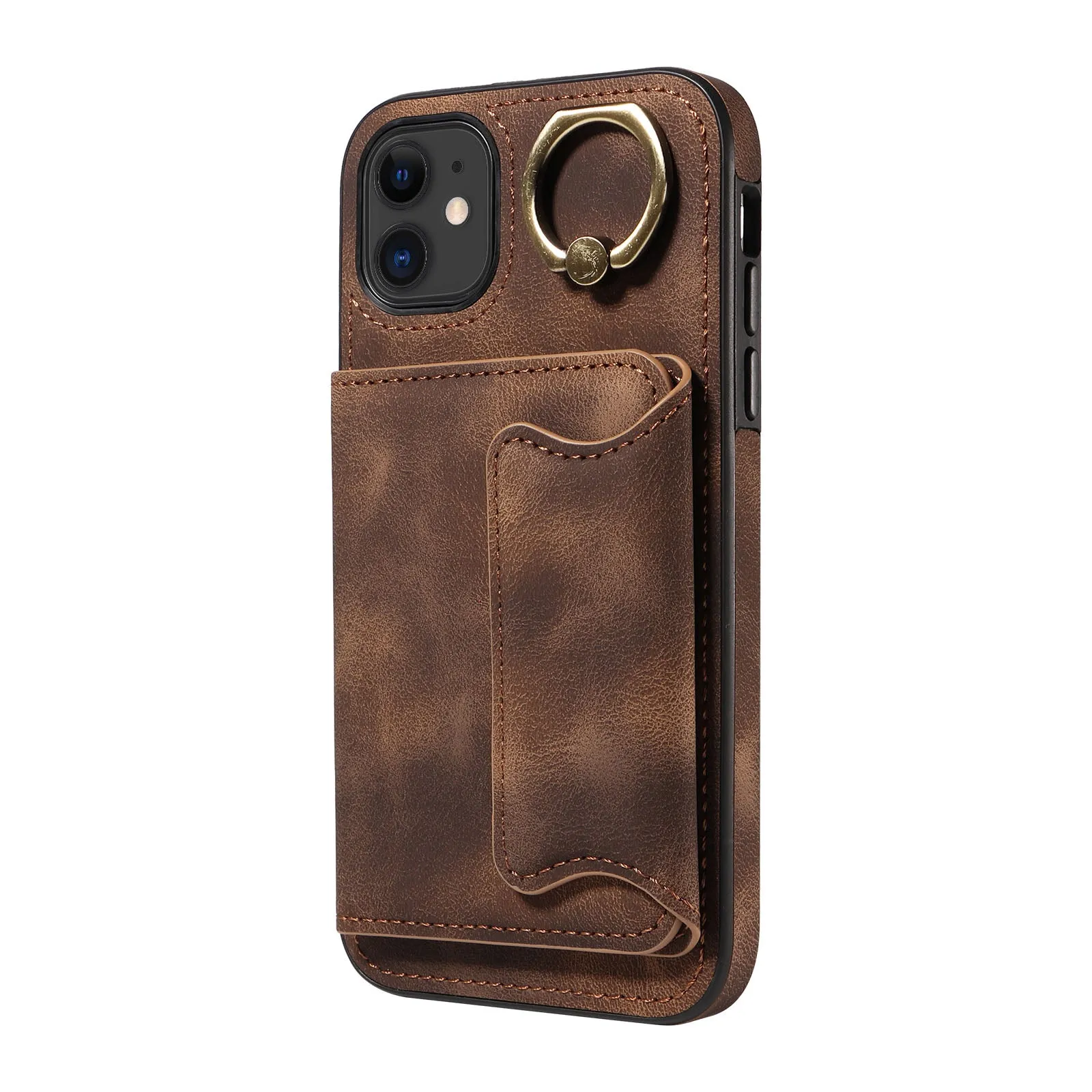 001 For iPhone 11 PU Leather TPU Card Holder Cover Ring Kickstand Shockproof Phone Case