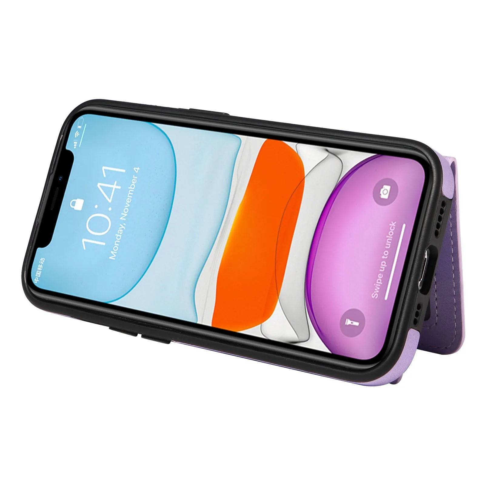 001 For iPhone 11 PU Leather TPU Card Holder Cover Ring Kickstand Shockproof Phone Case