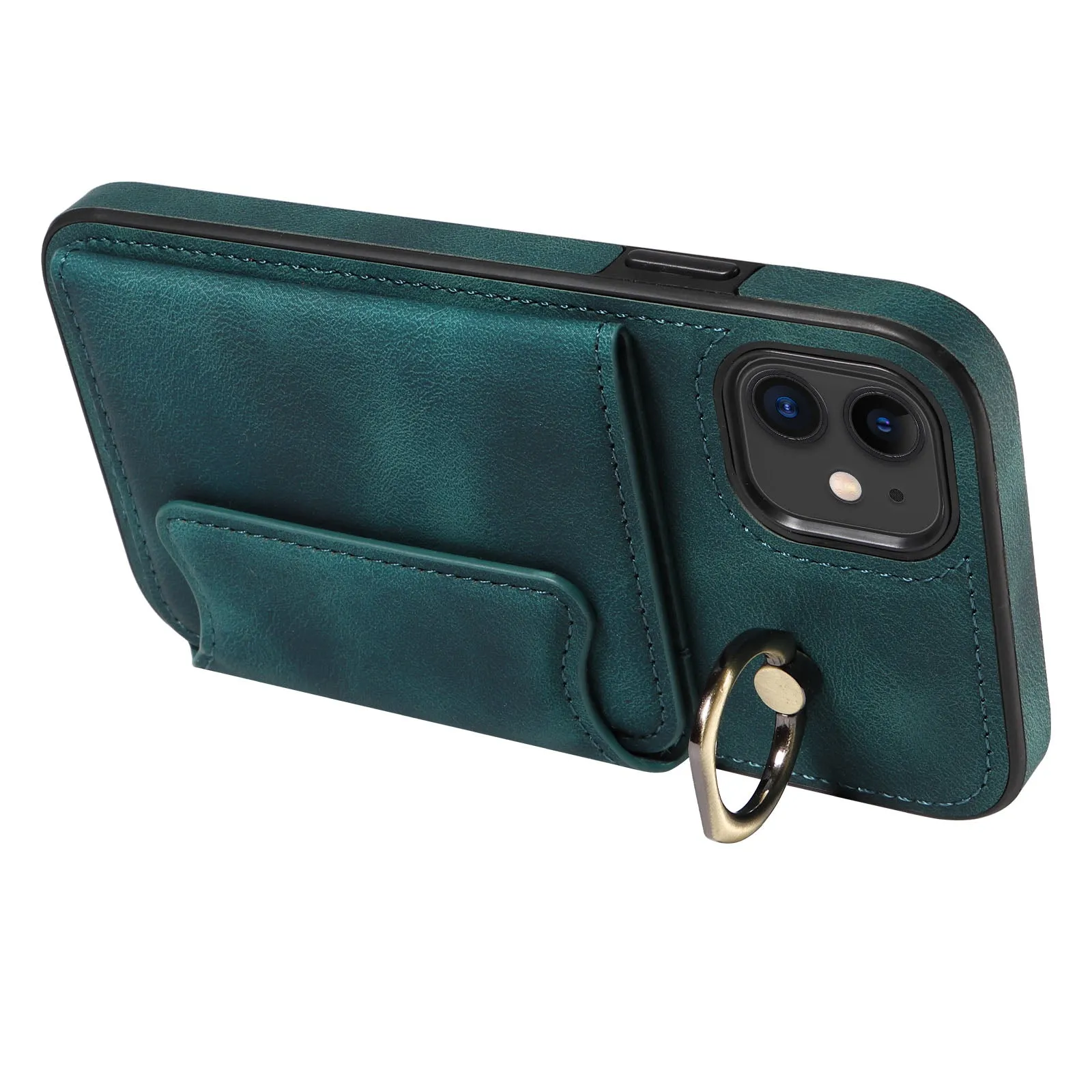 001 For iPhone 11 PU Leather TPU Card Holder Cover Ring Kickstand Shockproof Phone Case