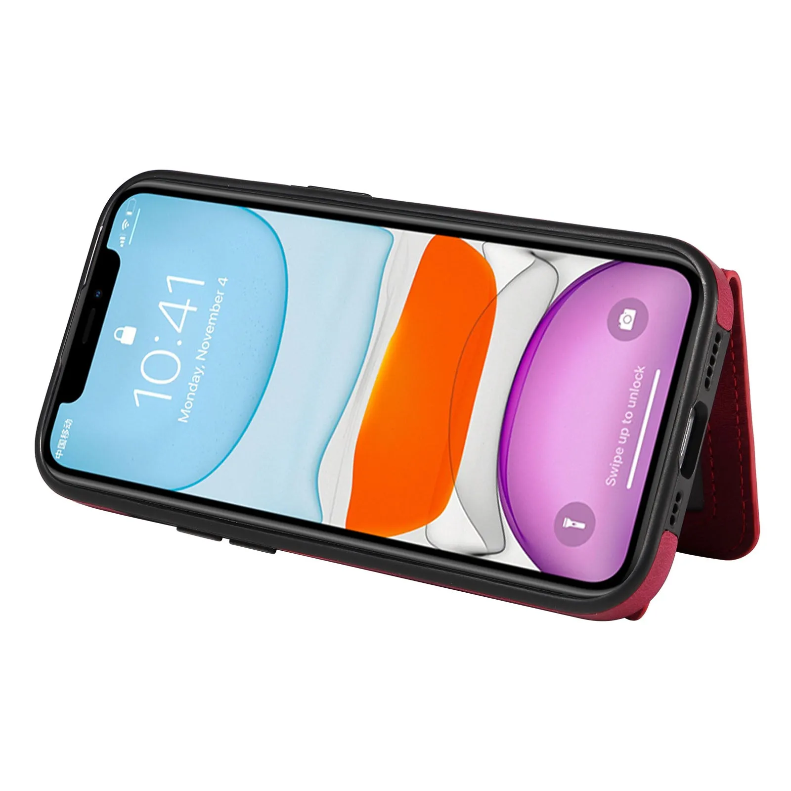 001 For iPhone 11 PU Leather TPU Card Holder Cover Ring Kickstand Shockproof Phone Case