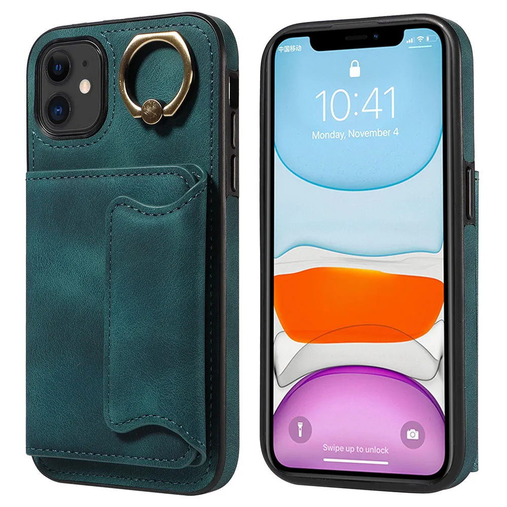 001 For iPhone 11 PU Leather TPU Card Holder Cover Ring Kickstand Shockproof Phone Case