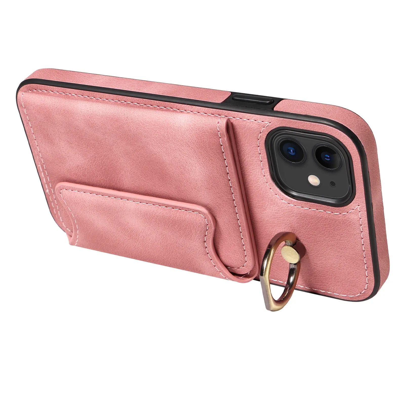 001 For iPhone 11 PU Leather TPU Card Holder Cover Ring Kickstand Shockproof Phone Case