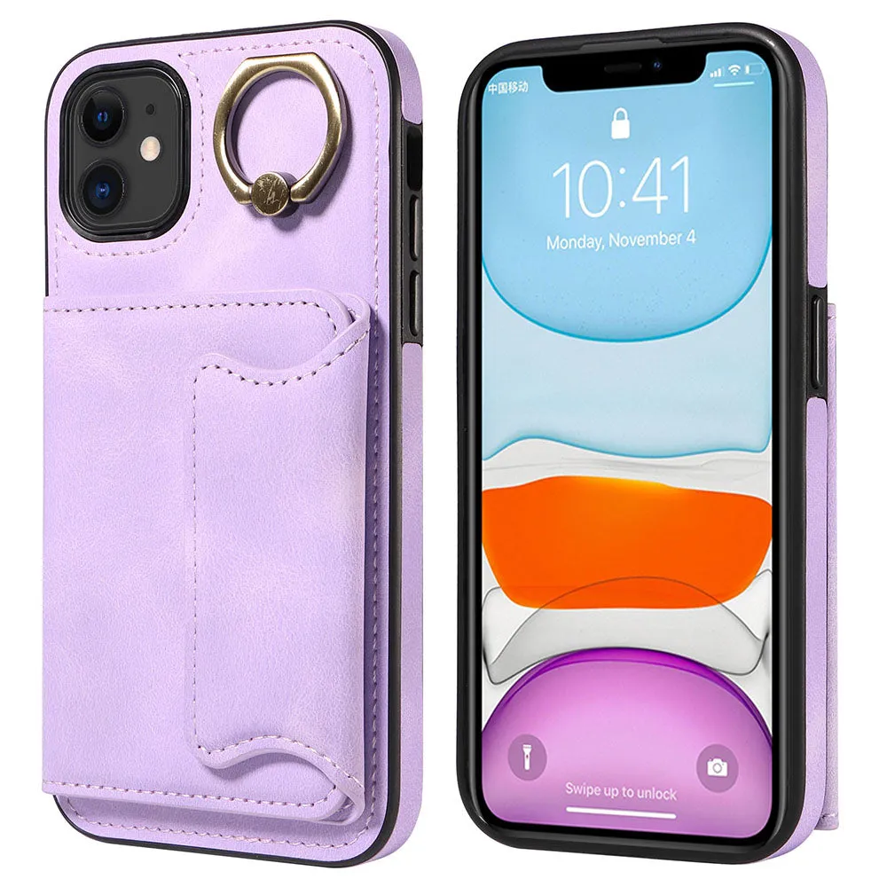 001 For iPhone 11 PU Leather TPU Card Holder Cover Ring Kickstand Shockproof Phone Case