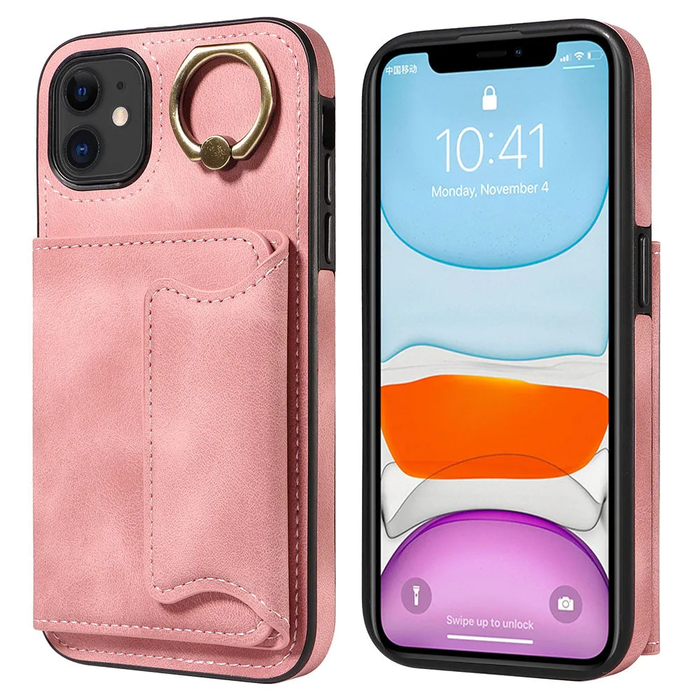 001 For iPhone 11 PU Leather TPU Card Holder Cover Ring Kickstand Shockproof Phone Case