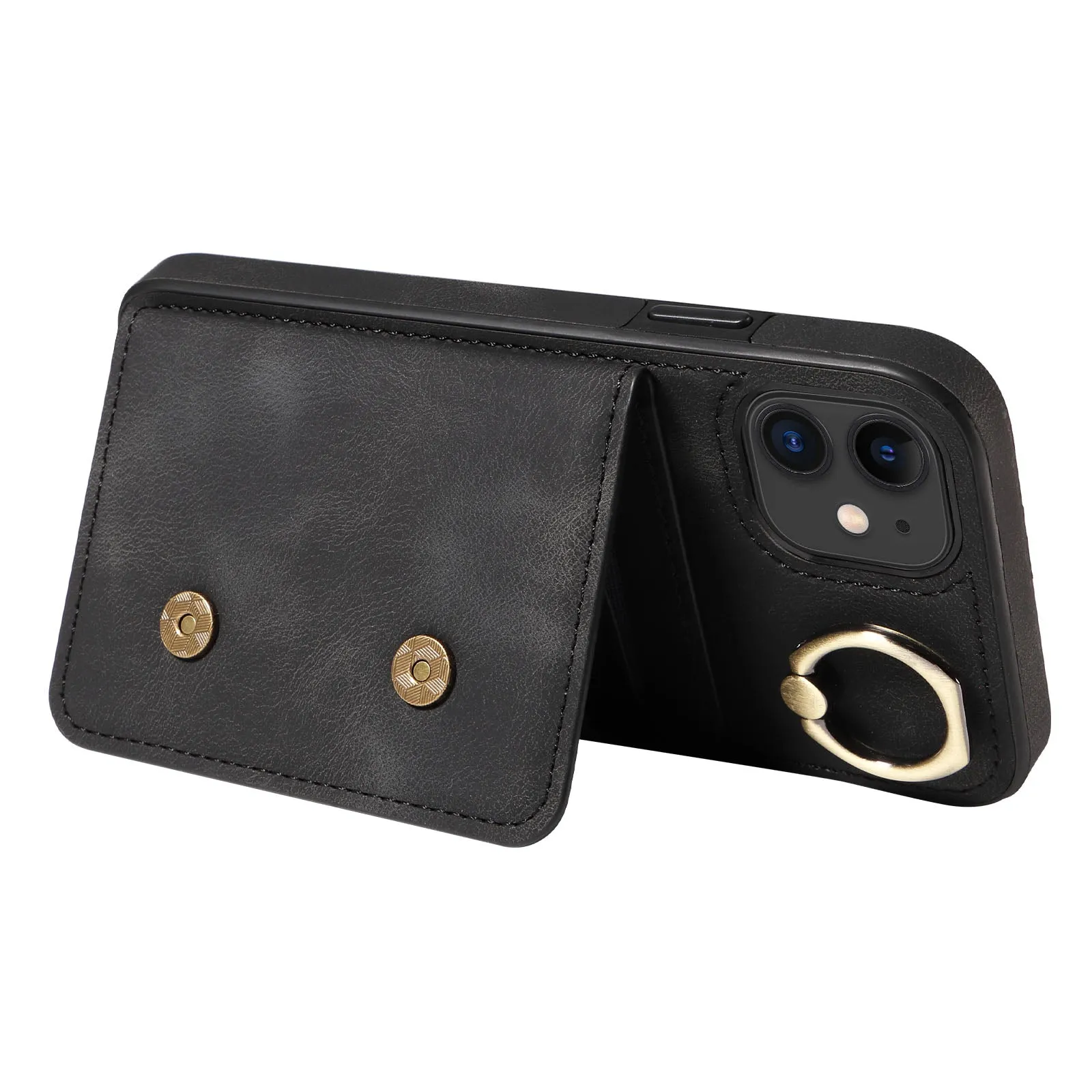 001 For iPhone 11 PU Leather TPU Card Holder Cover Ring Kickstand Shockproof Phone Case