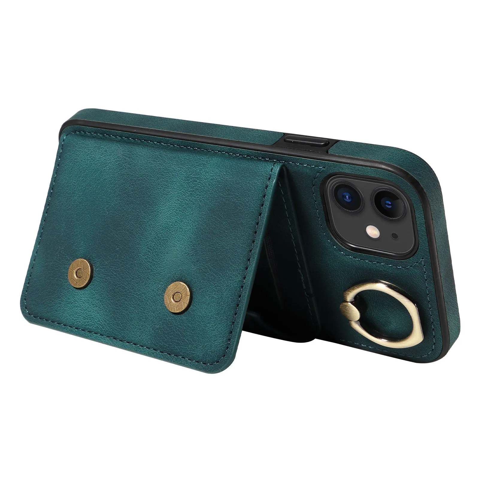 001 For iPhone 11 PU Leather TPU Card Holder Cover Ring Kickstand Shockproof Phone Case