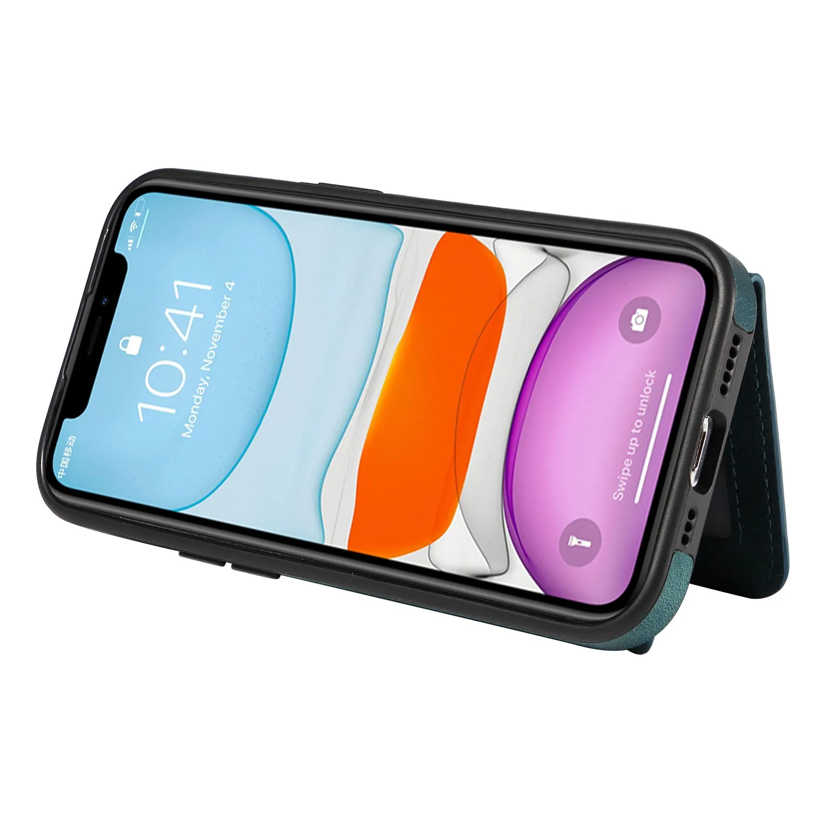 001 For iPhone 11 PU Leather TPU Card Holder Cover Ring Kickstand Shockproof Phone Case