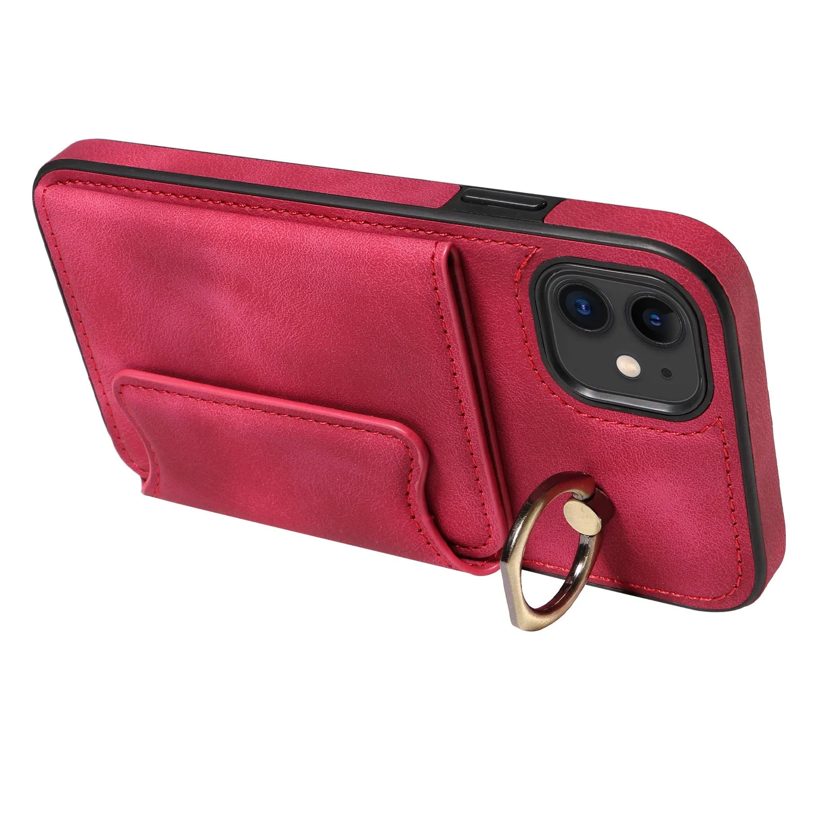 001 For iPhone 11 PU Leather TPU Card Holder Cover Ring Kickstand Shockproof Phone Case