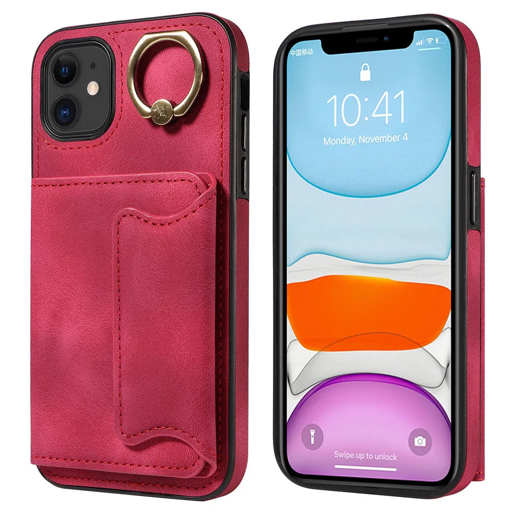 001 For iPhone 11 PU Leather TPU Card Holder Cover Ring Kickstand Shockproof Phone Case