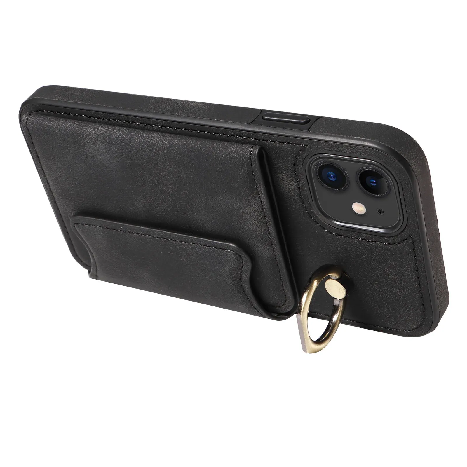 001 For iPhone 11 PU Leather TPU Card Holder Cover Ring Kickstand Shockproof Phone Case