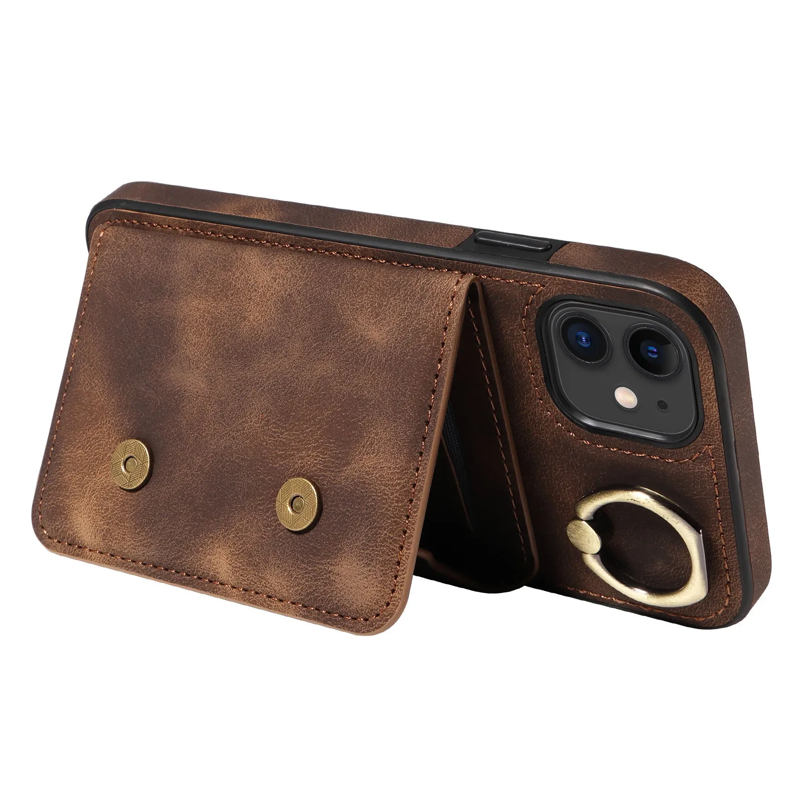 001 For iPhone 11 PU Leather TPU Card Holder Cover Ring Kickstand Shockproof Phone Case