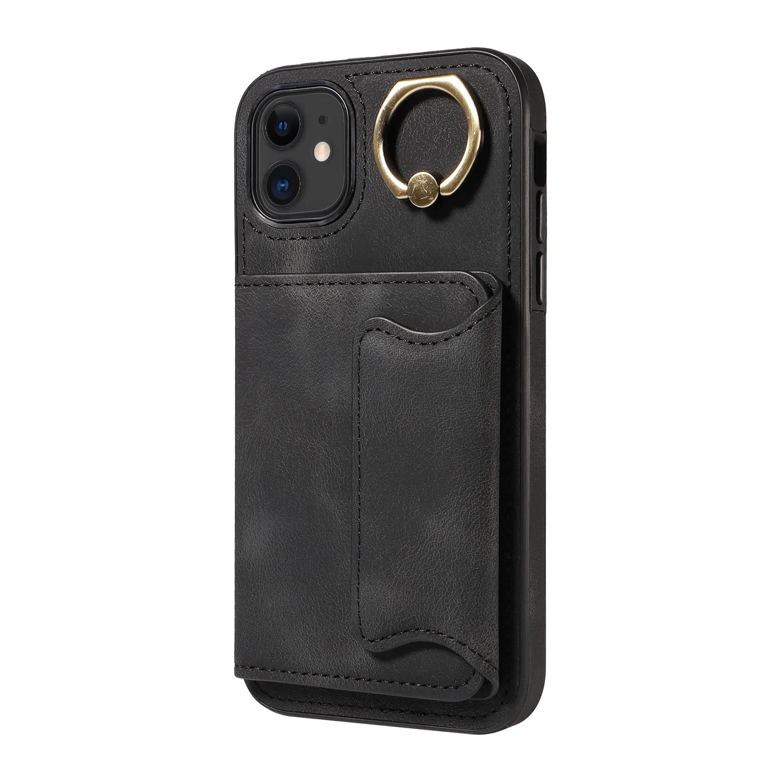 001 For iPhone 11 PU Leather TPU Card Holder Cover Ring Kickstand Shockproof Phone Case
