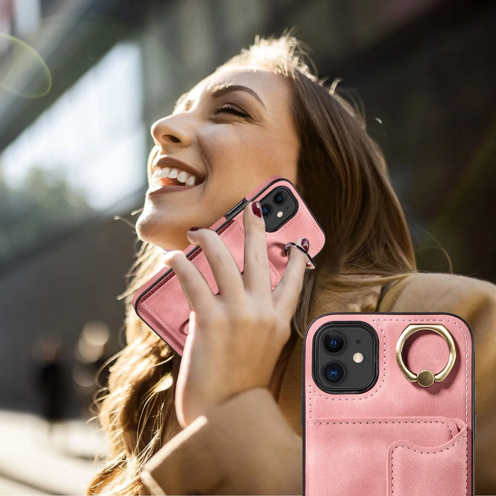 001 For iPhone 11 PU Leather TPU Card Holder Cover Ring Kickstand Shockproof Phone Case