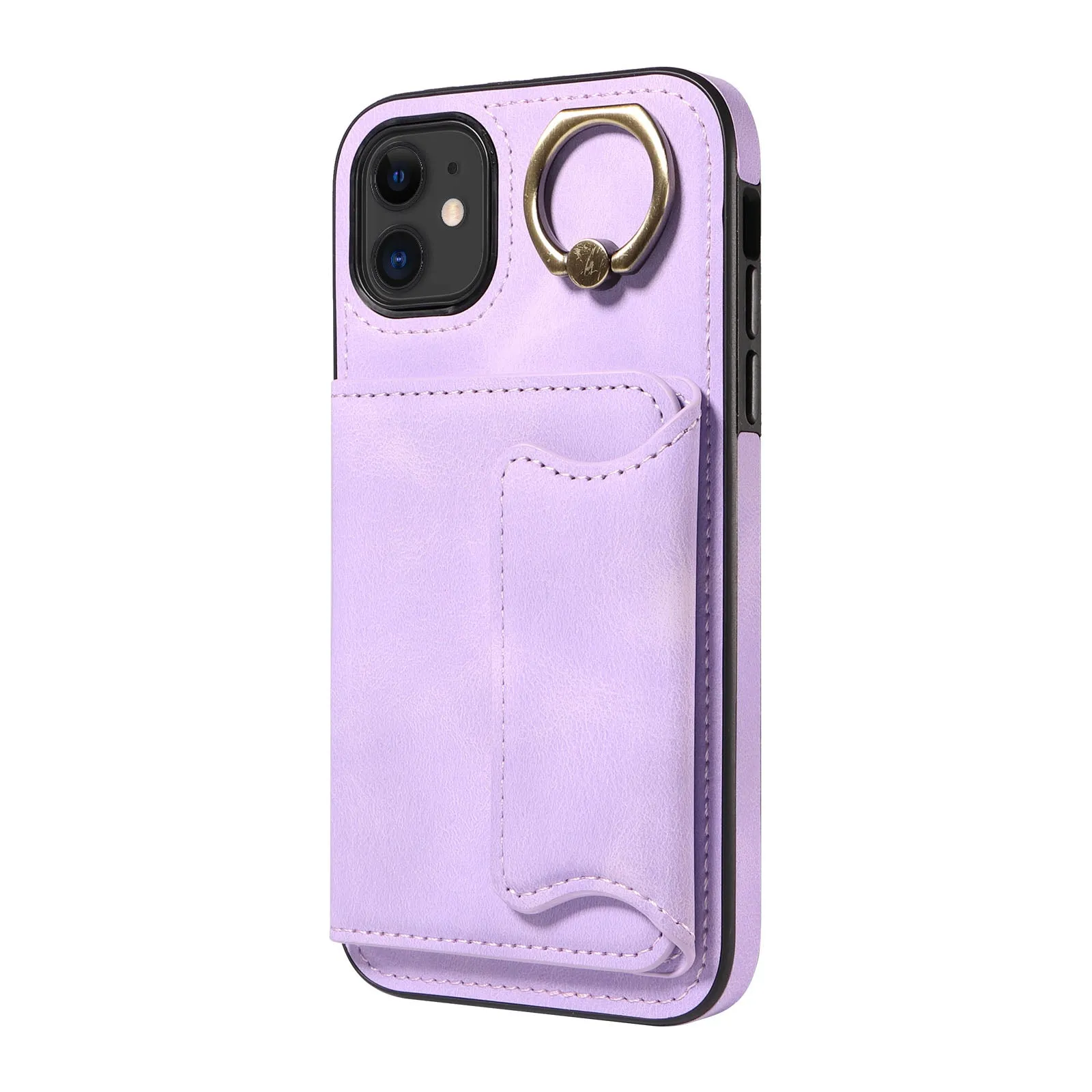 001 For iPhone 11 PU Leather TPU Card Holder Cover Ring Kickstand Shockproof Phone Case