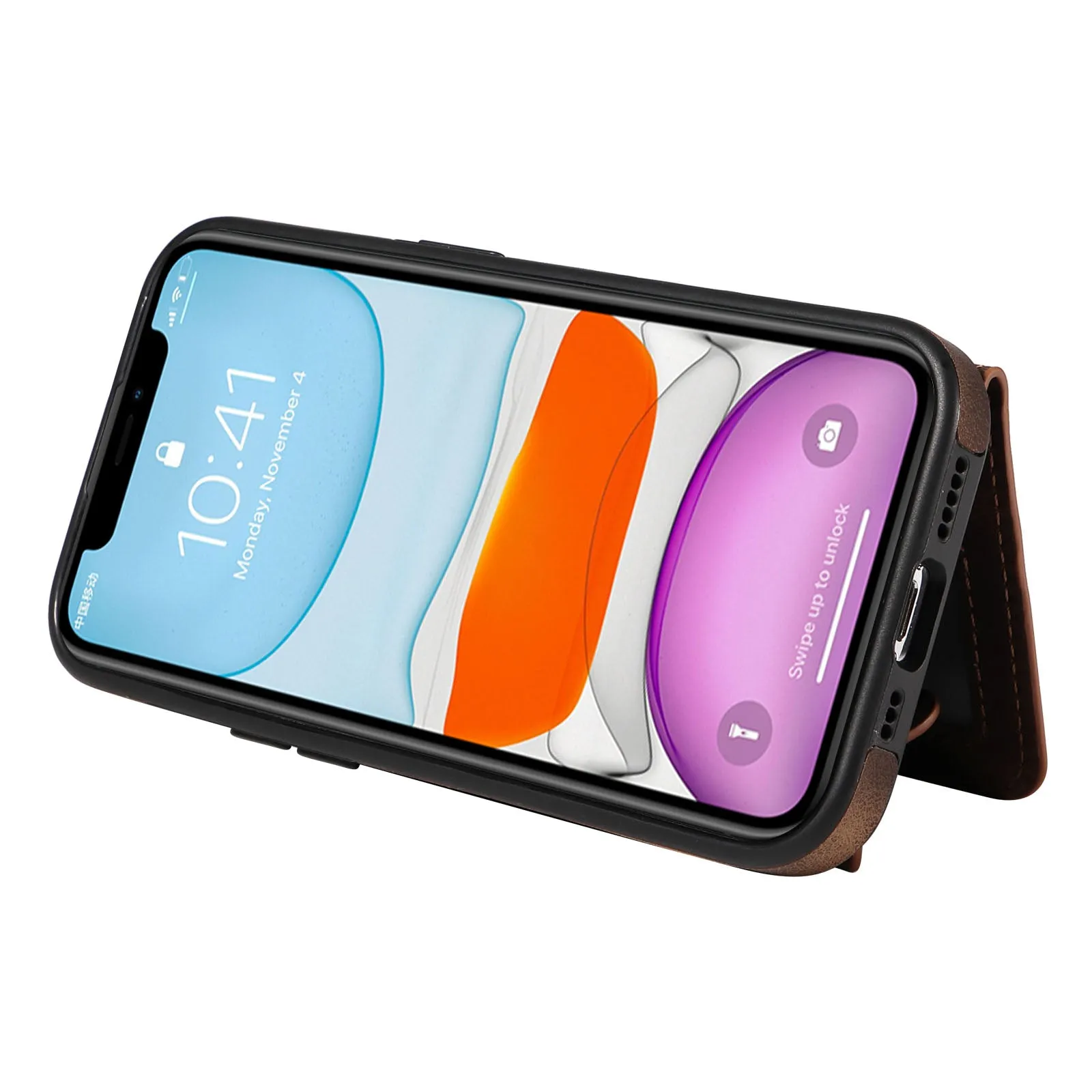 001 For iPhone 11 PU Leather TPU Card Holder Cover Ring Kickstand Shockproof Phone Case