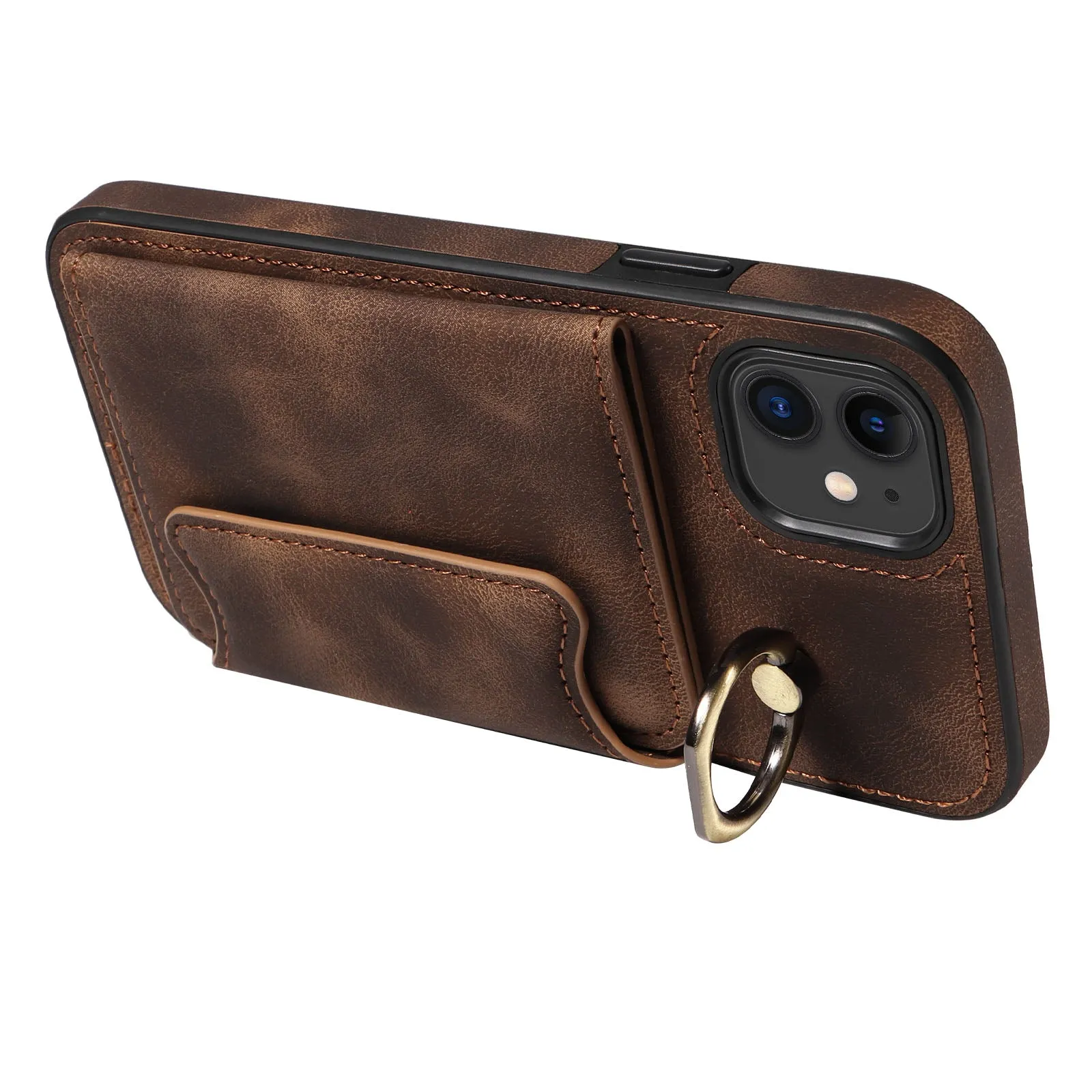 001 For iPhone 11 PU Leather TPU Card Holder Cover Ring Kickstand Shockproof Phone Case