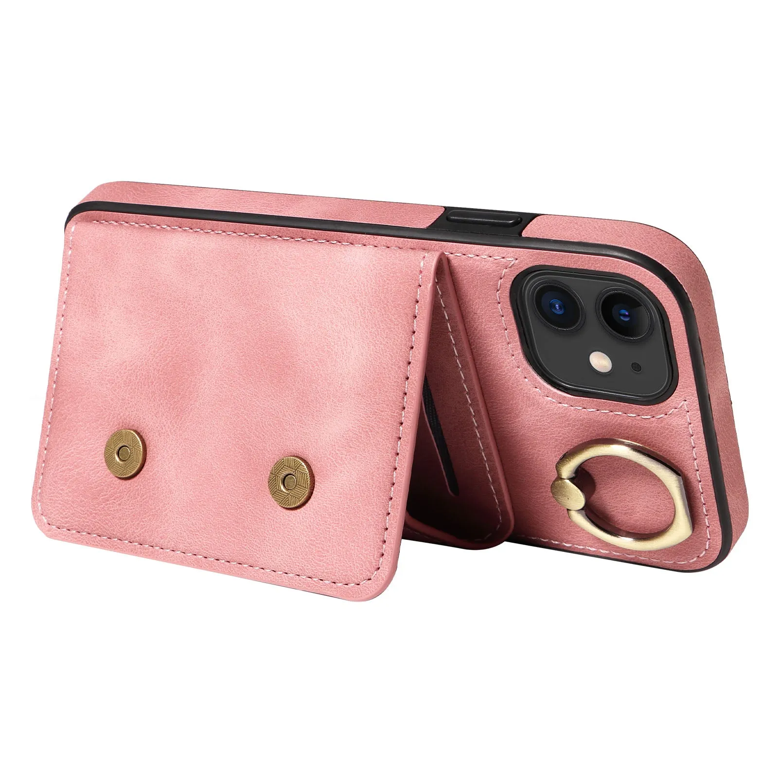 001 For iPhone 11 PU Leather TPU Card Holder Cover Ring Kickstand Shockproof Phone Case
