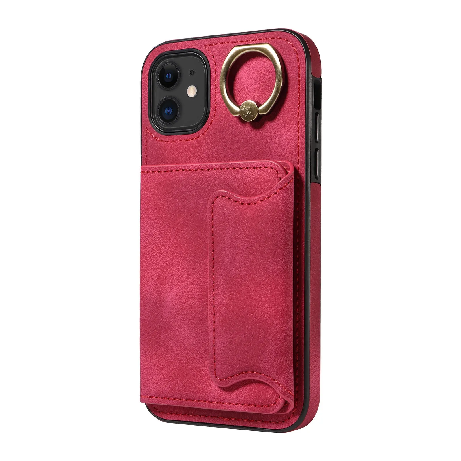001 For iPhone 11 PU Leather TPU Card Holder Cover Ring Kickstand Shockproof Phone Case