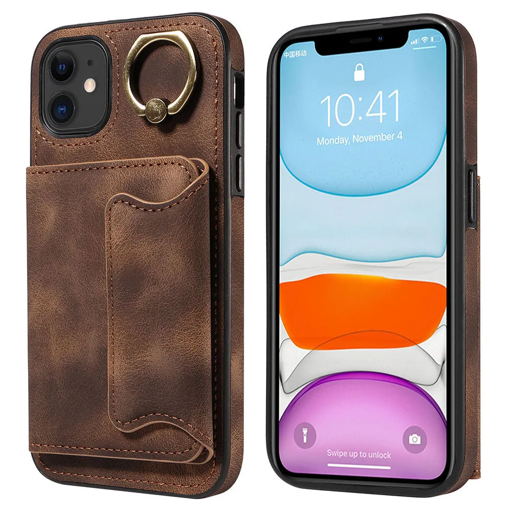001 For iPhone 11 PU Leather TPU Card Holder Cover Ring Kickstand Shockproof Phone Case