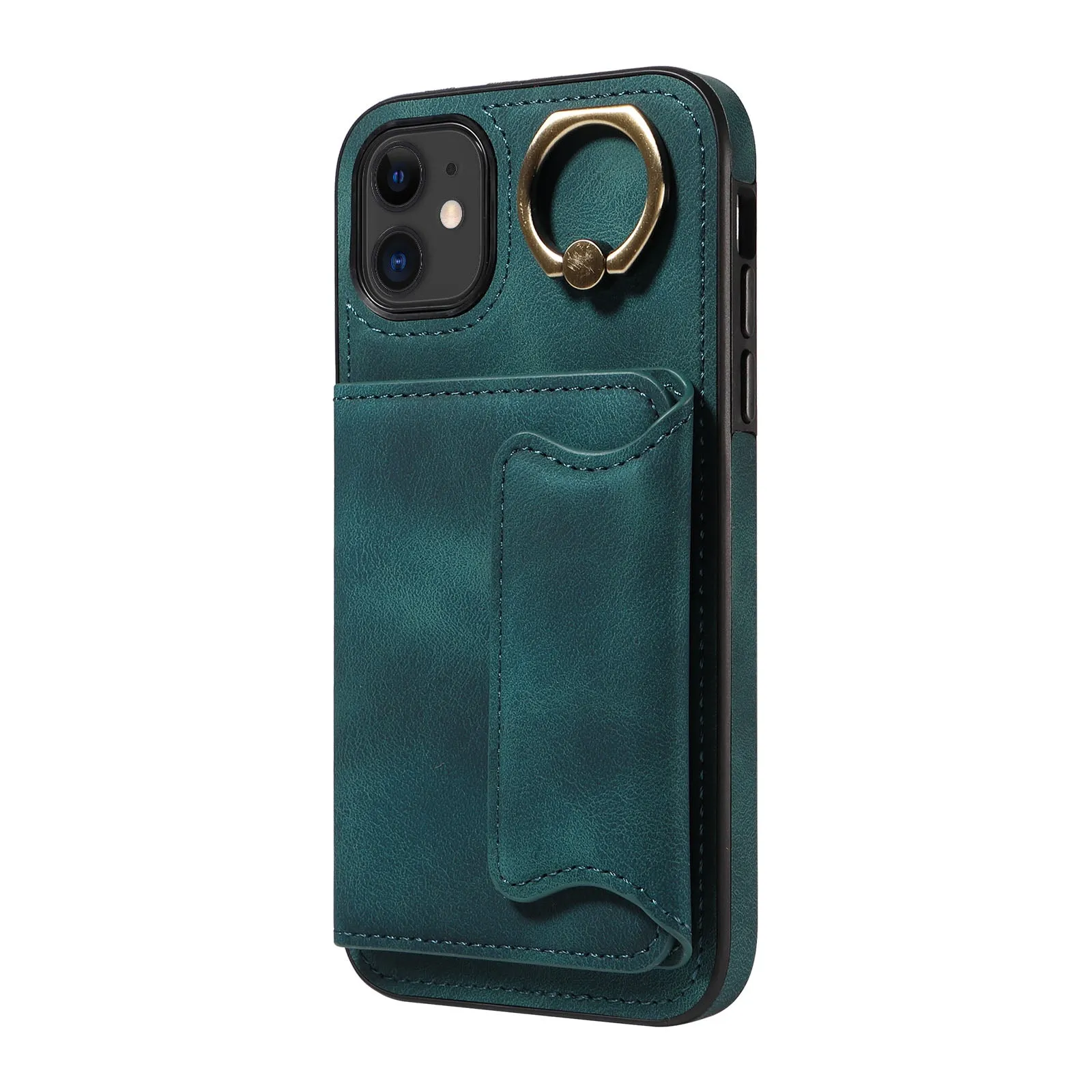 001 For iPhone 11 PU Leather TPU Card Holder Cover Ring Kickstand Shockproof Phone Case