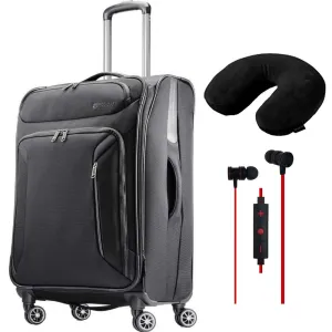 American Tourister 25" Zoom Spinner Expandable Luggage Black Pillow & Headphones