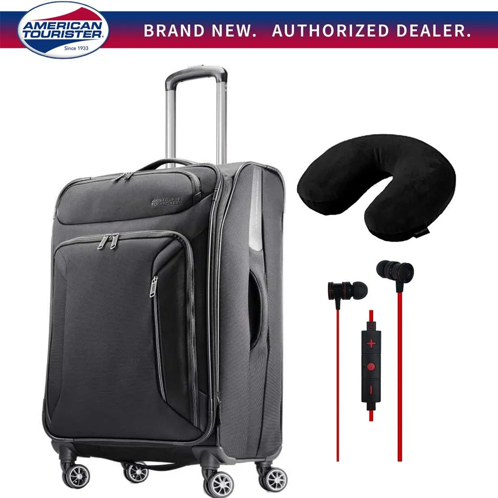 American Tourister 25" Zoom Spinner Expandable Luggage Black Pillow & Headphones