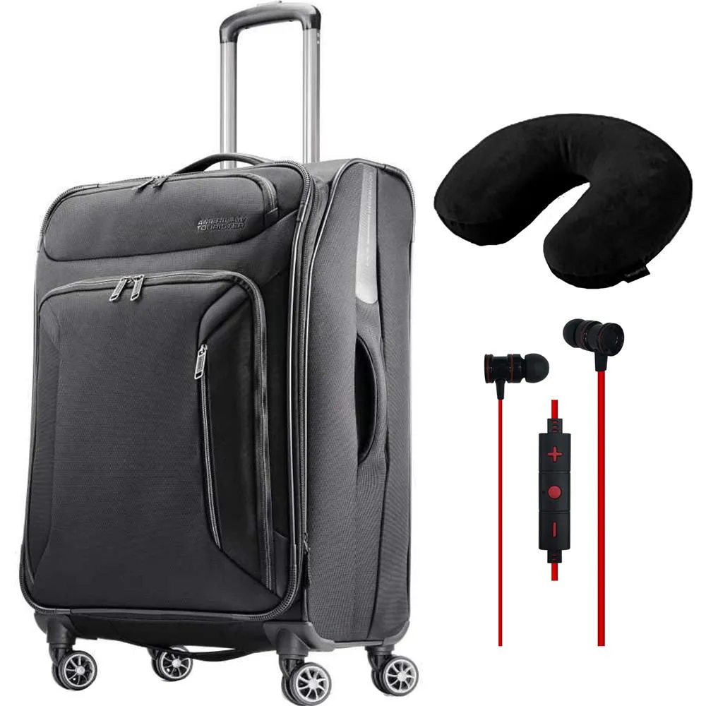 American Tourister 25" Zoom Spinner Expandable Luggage Black Pillow & Headphones