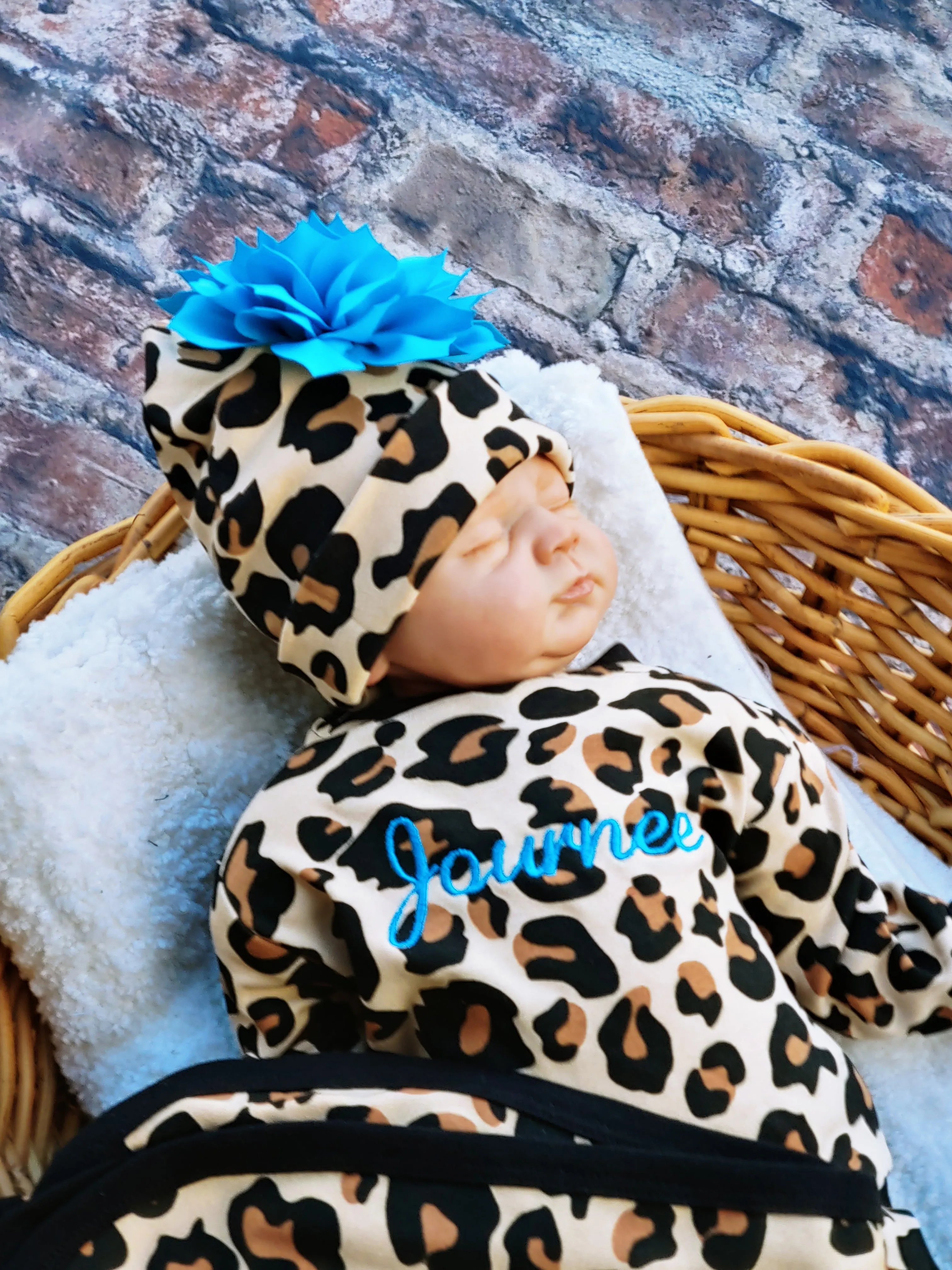 Baby Girl Coming Home Leopard Romper and Beanie Personalized Swaddling Blanket