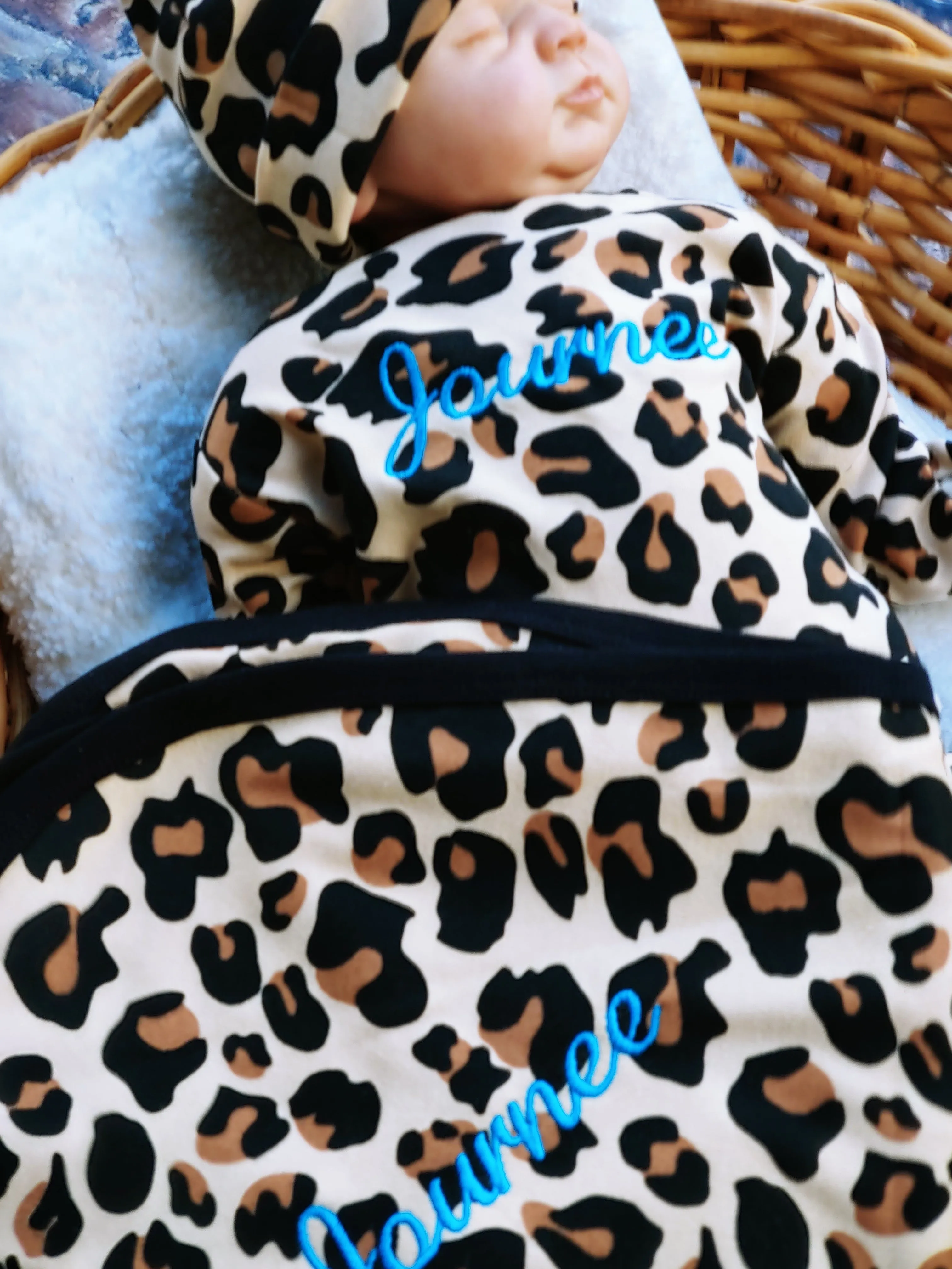 Baby Girl Coming Home Leopard Romper and Beanie Personalized Swaddling Blanket