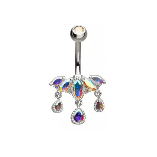 Belly Ring - 5-Cluster Pronged Marquise Aurora Borealis CZ with 3 Dangle Teardrop Pear Shape Gems