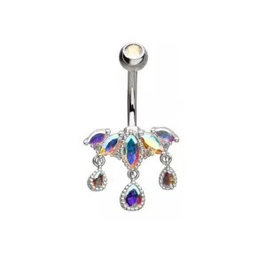 Belly Ring - 5-Cluster Pronged Marquise Aurora Borealis CZ with 3 Dangle Teardrop Pear Shape Gems