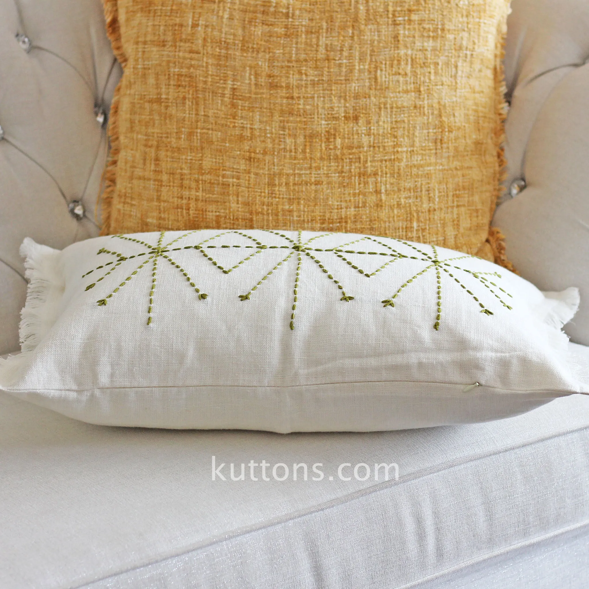 Hand-Embroidered 100% Linen Gauze Pillow Cover - Fringed Edges | Handmade, 16x24"