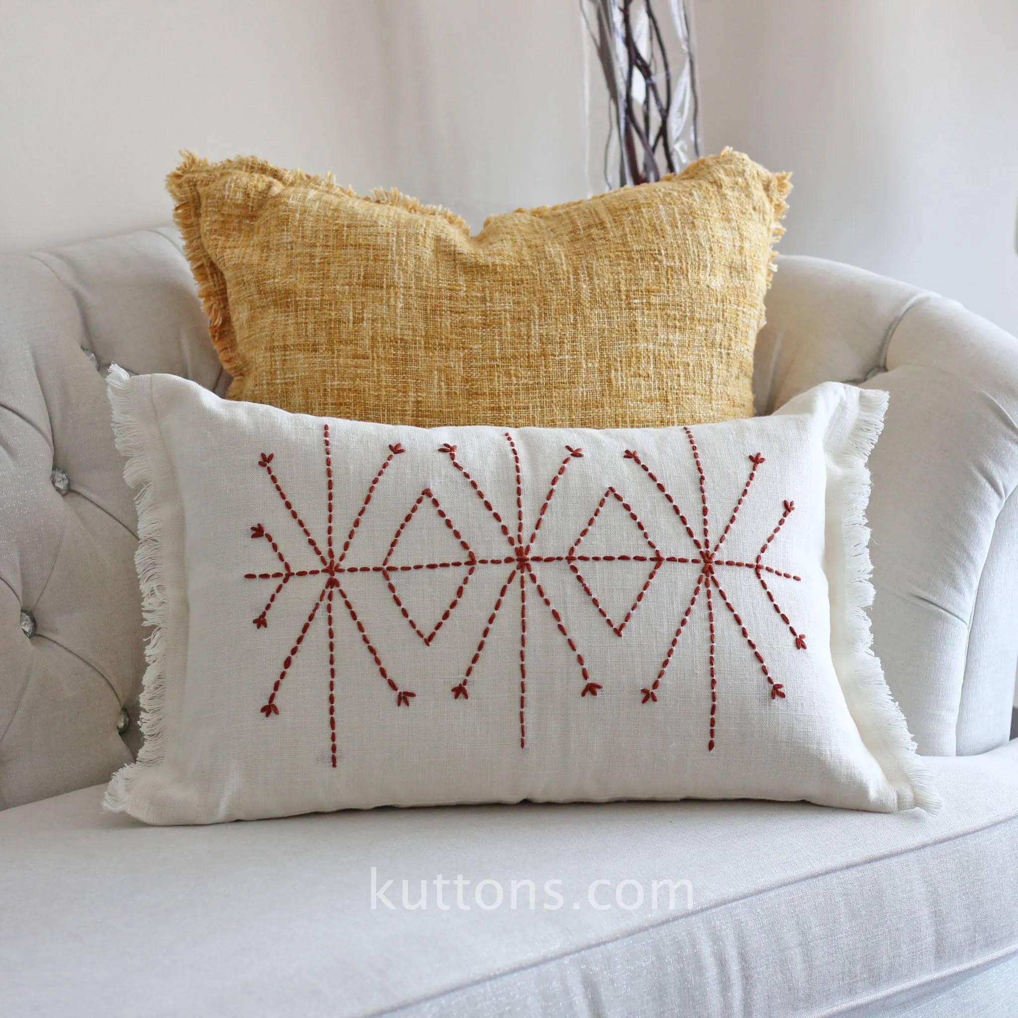 Hand-Embroidered 100% Linen Gauze Pillow Cover - Fringed Edges | Handmade, 16x24"