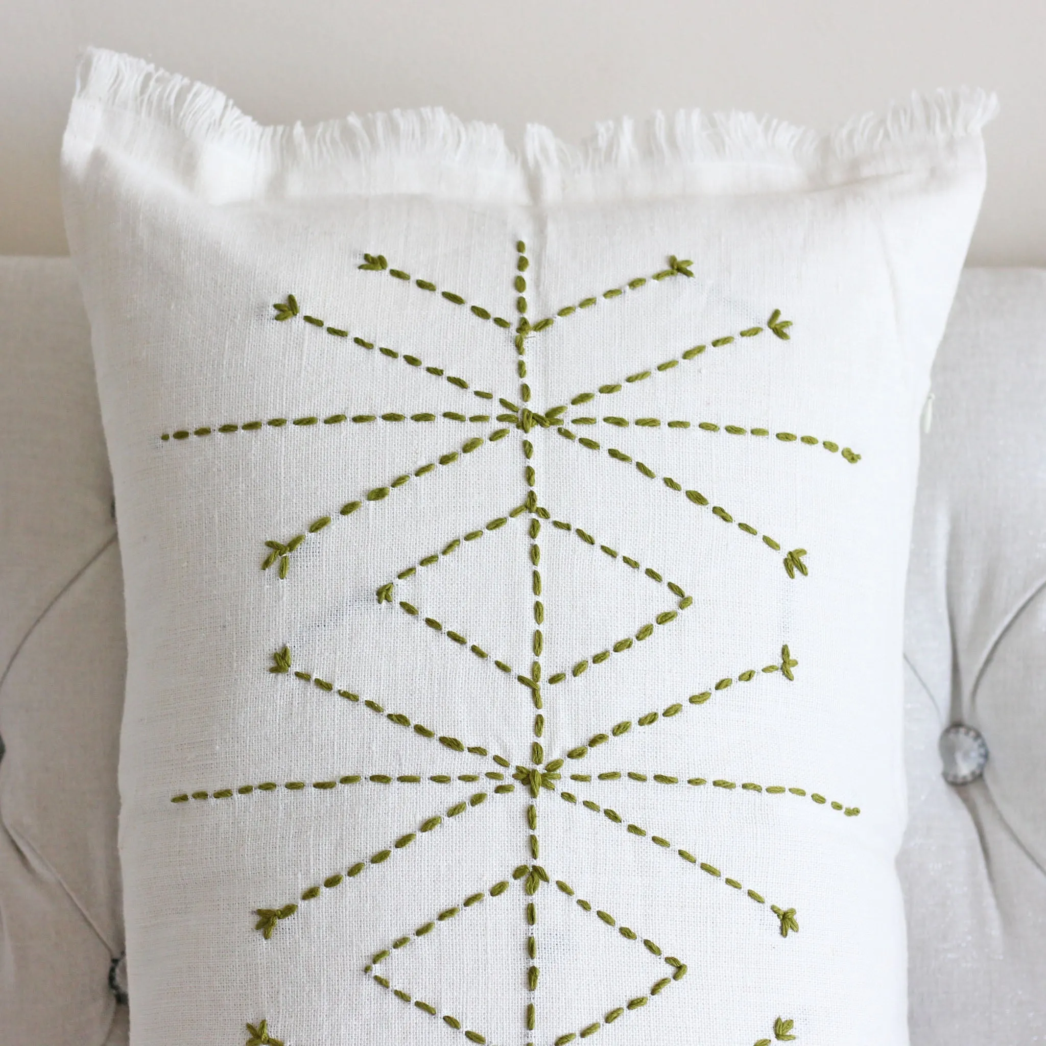 Hand-Embroidered 100% Linen Gauze Pillow Cover - Fringed Edges | Handmade, 16x24"