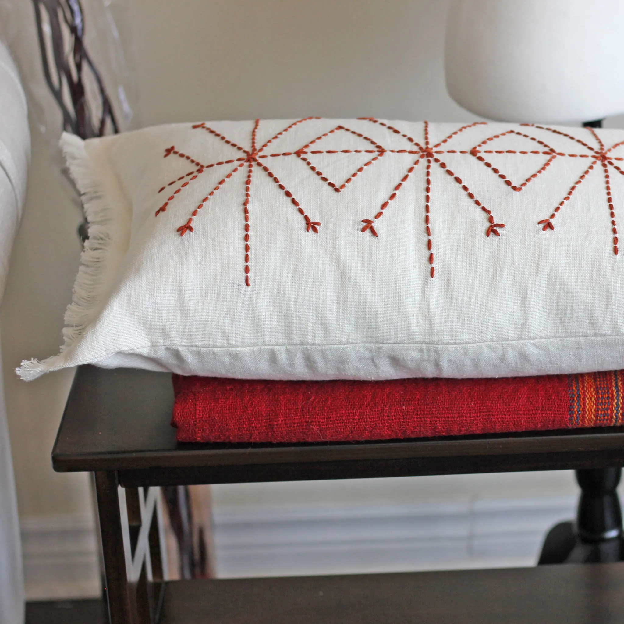 Hand-Embroidered 100% Linen Gauze Pillow Cover - Fringed Edges | Handmade, 16x24"
