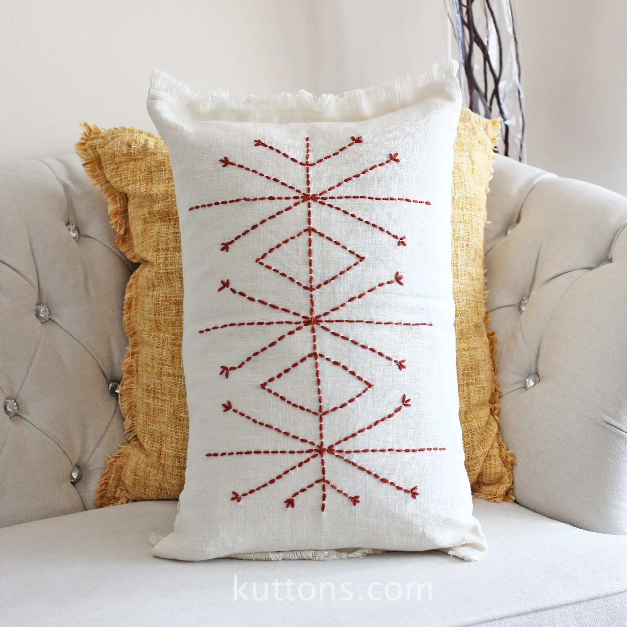 Hand-Embroidered 100% Linen Gauze Pillow Cover - Fringed Edges | Handmade, 16x24"