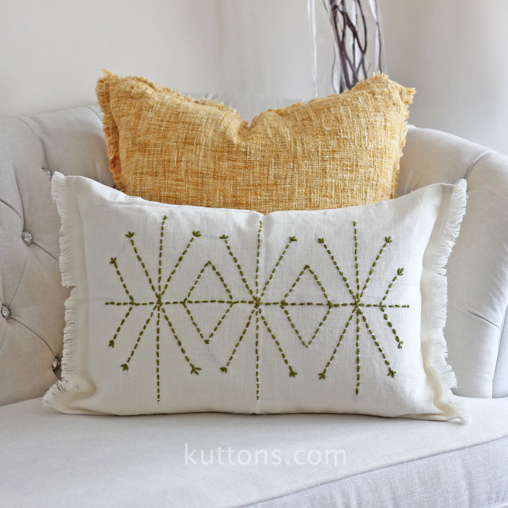 Hand-Embroidered 100% Linen Gauze Pillow Cover - Fringed Edges | Handmade, 16x24"