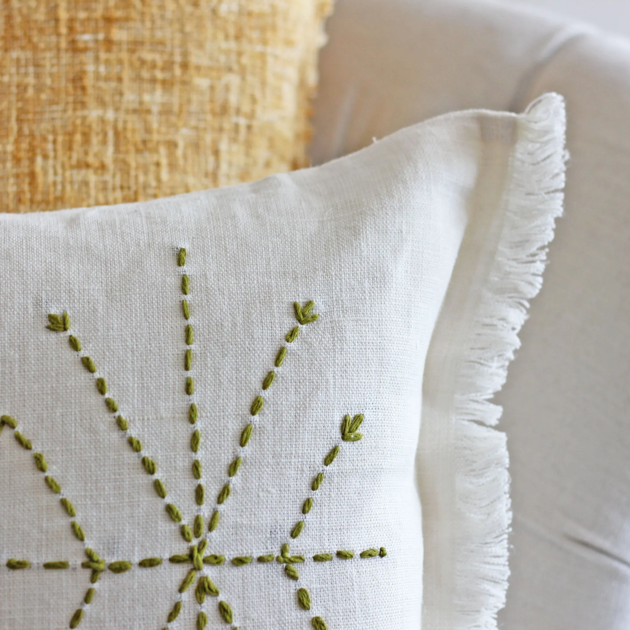 Hand-Embroidered 100% Linen Gauze Pillow Cover - Fringed Edges | Handmade, 16x24"