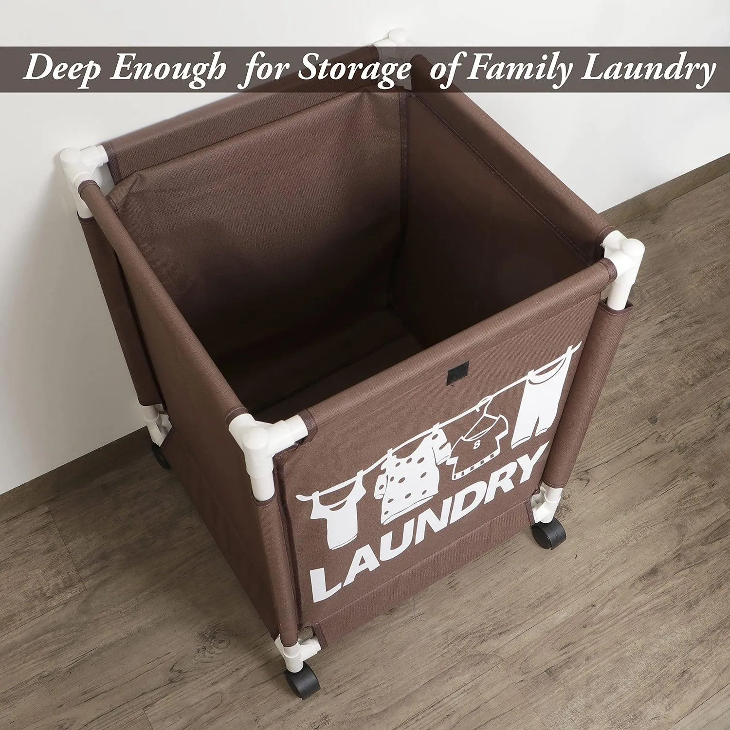 HOKIPO Oxford Fabric Laundry Basket Trolley With Wheels - 60x44x44 cm, Brown