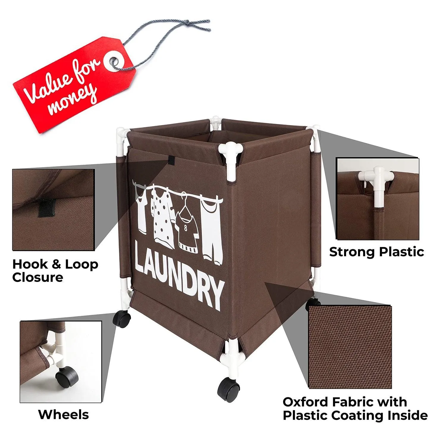 HOKIPO Oxford Fabric Laundry Basket Trolley With Wheels - 60x44x44 cm, Brown