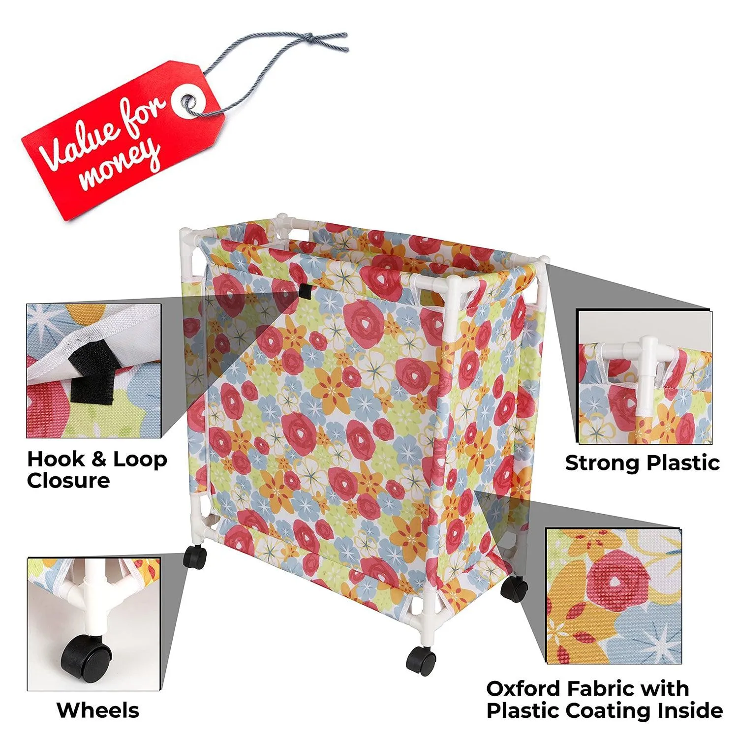 HOKIPO Oxford Fabric Laundry Basket Trolley With Wheels - 65x56x31 cm, Multicolor