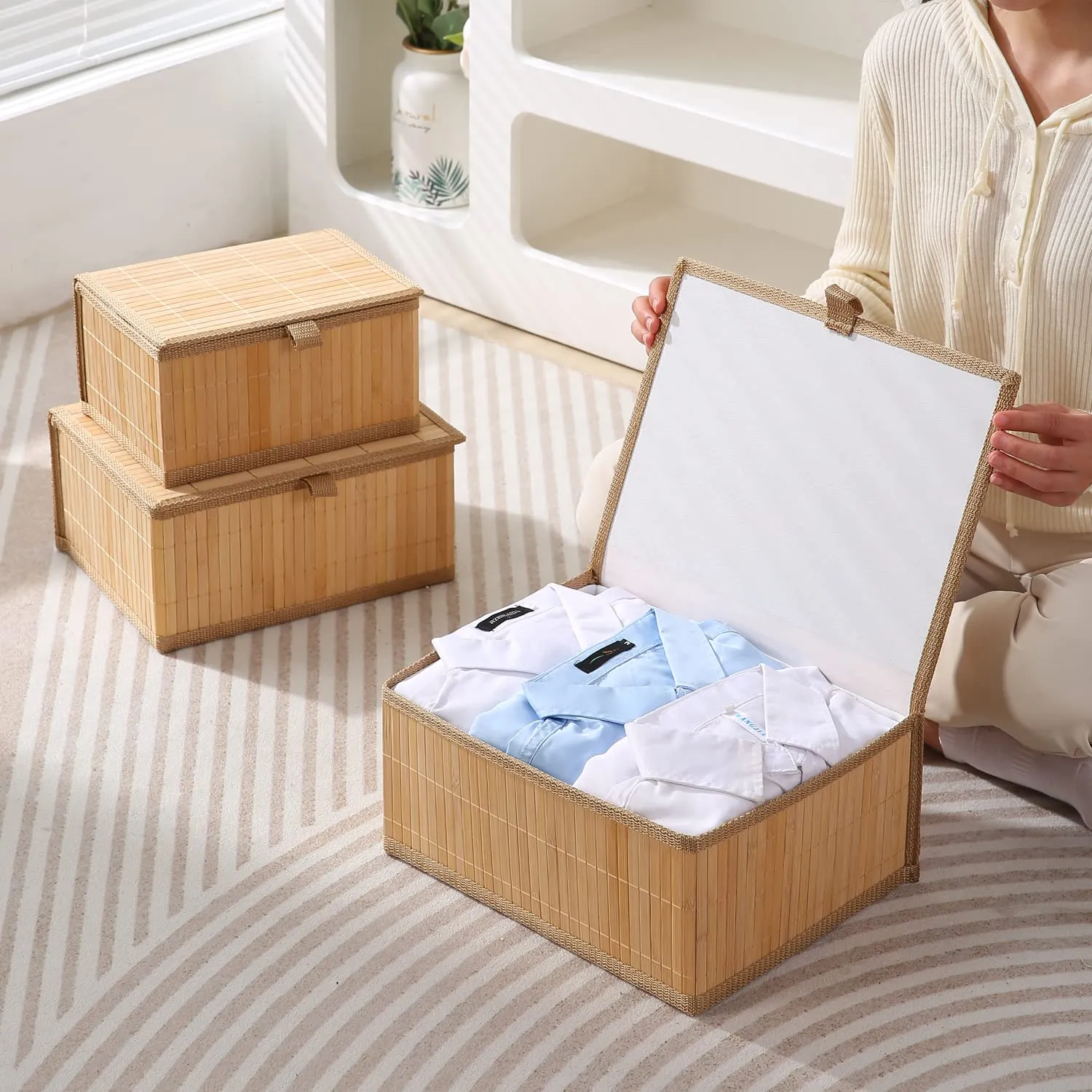 HomeStorie Eco-Friendly Bamboo Storage Boxes with Lid, Brown, Large Medium Small, Rectangle, Set of 3 (AR2163)