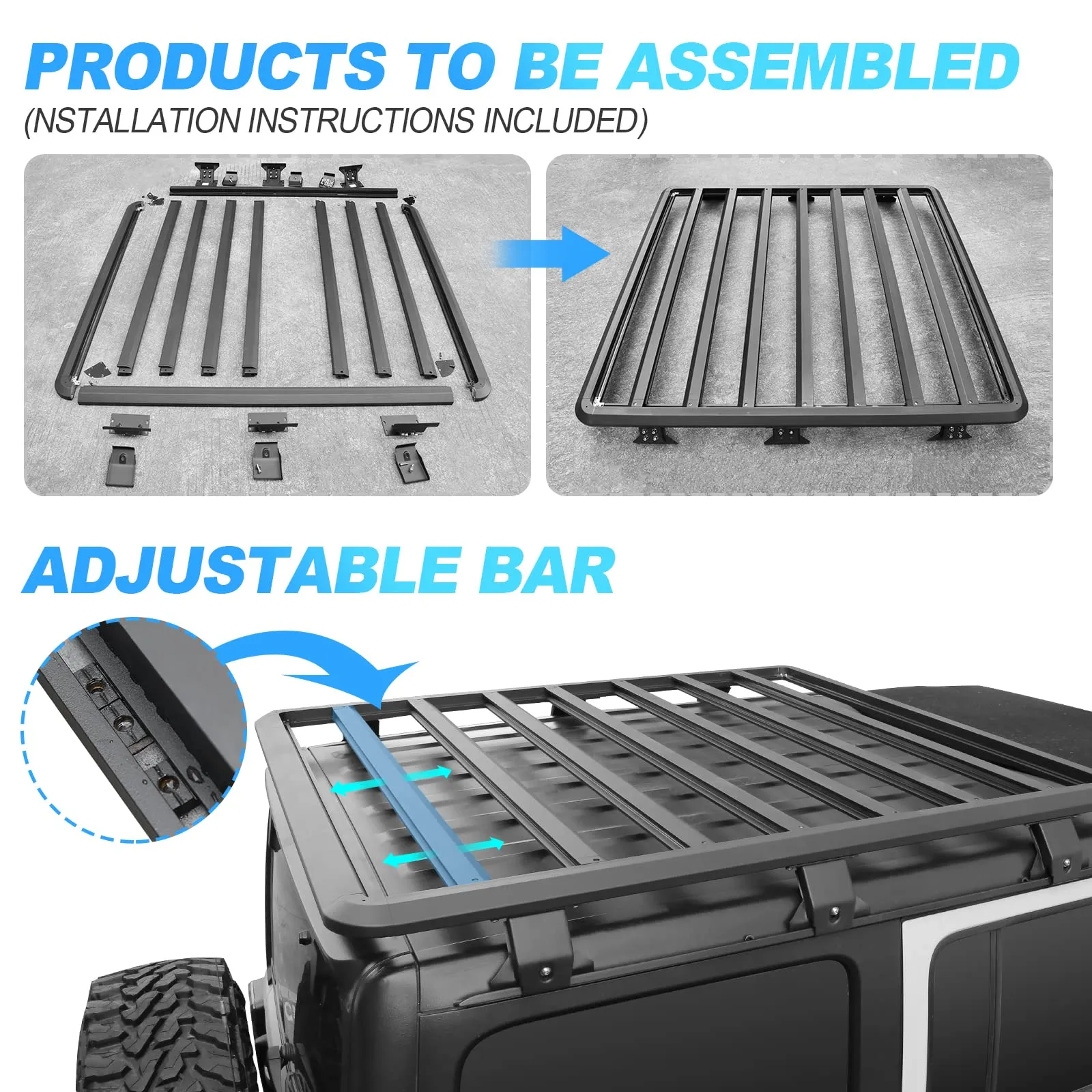 Jeep Roof Rack Cargo Carrier 63 x 55 Inch Rooftop Basket for 2018-Later JL JT