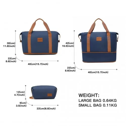 Kono Expandable Waterproof Travel Duffel Bag Set - Navy & Brown - Stylish & Durable for All Travel Needs