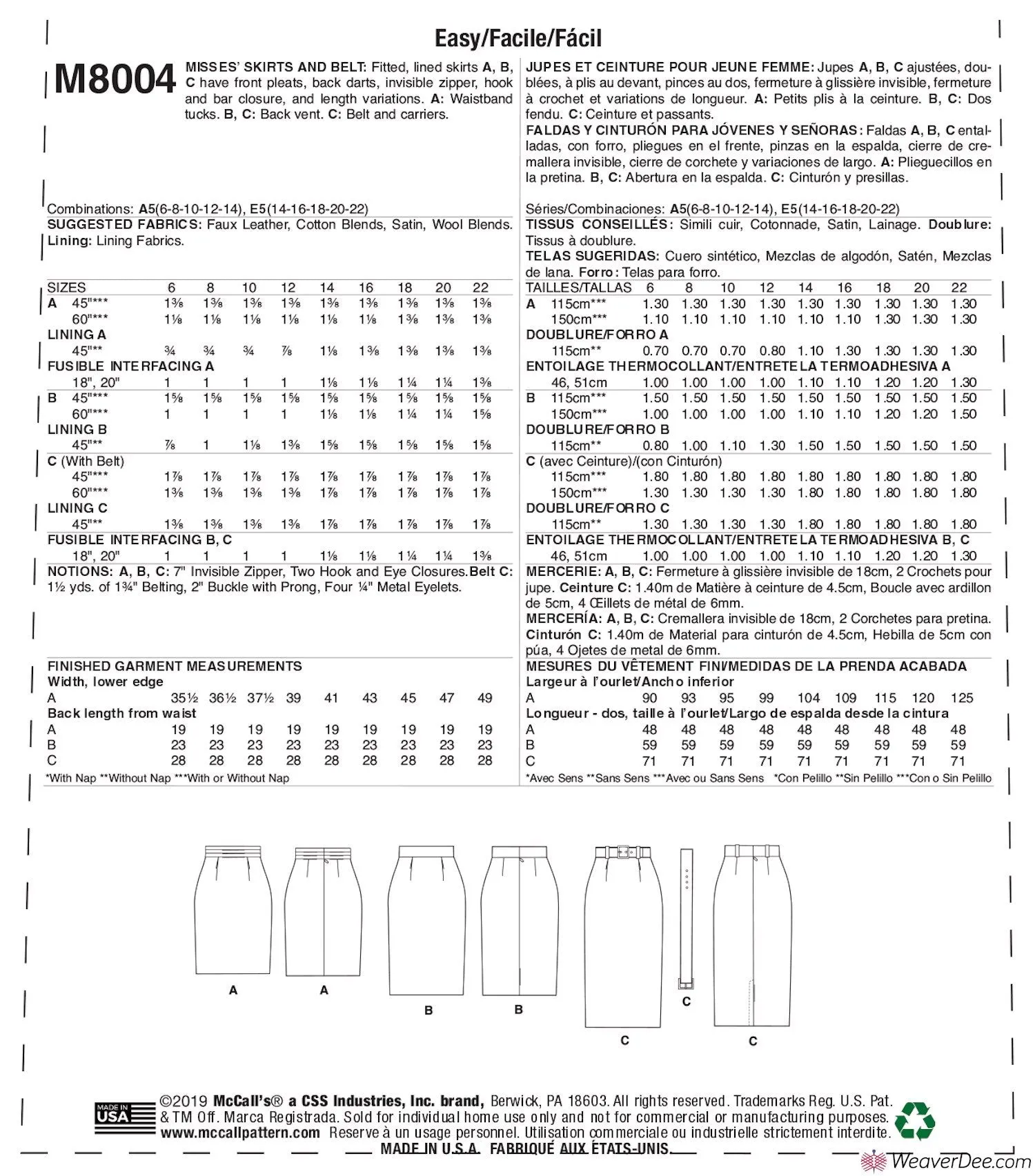 McCall's Pattern M8004 Misses' Skirt & Belt