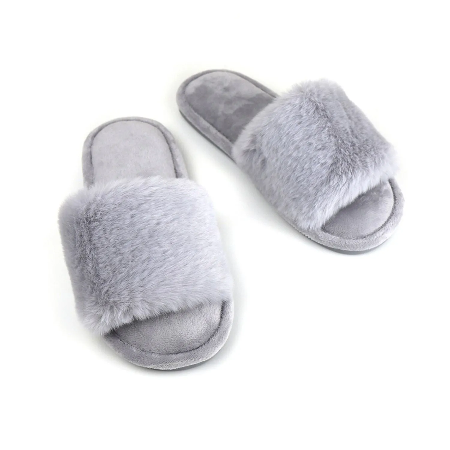 POM Pale Grey Faux Fur Mule Slippers Size S/M